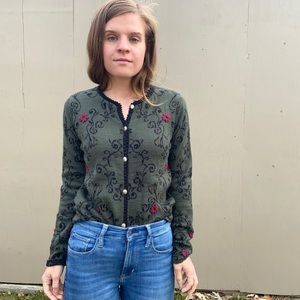 Novica Olive Green Floral Alpaca Wool Cardigan